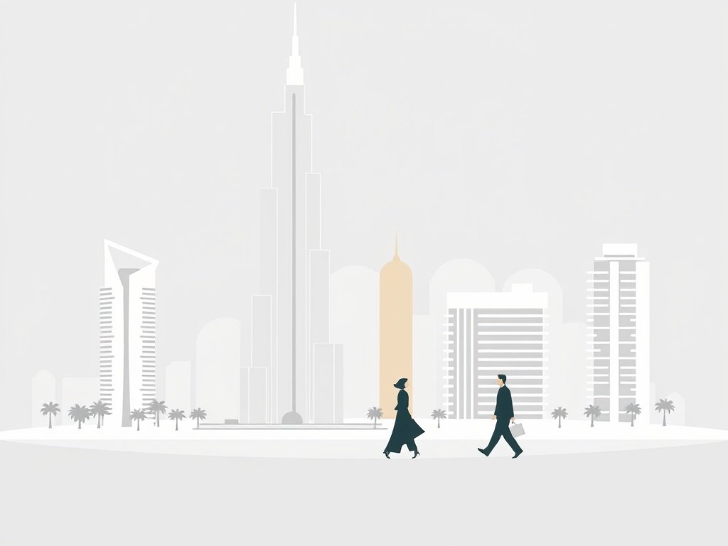 Minimalistische skyline van Dubai met bekende wolkenkrabbers en abstracte genderneutrale silhouetten in warme goud-beige tinten.