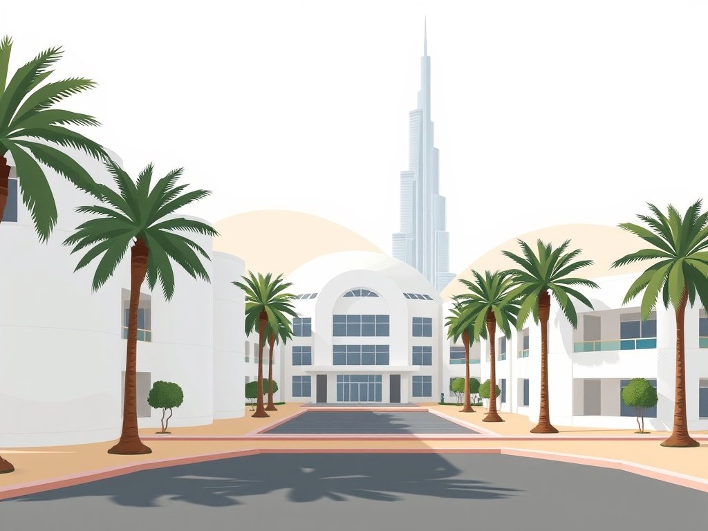 Moderne schoolcampus in Dubai met abstracte gebouwen, palmbomen en de Burj Khalifa op de achtergrond.