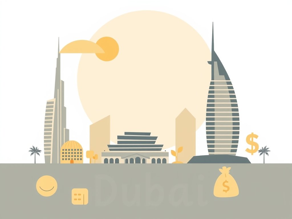 Abstracte woningen en financiële symbolen in warme woestijnkleuren die de kosten van levensonderhoud in Dubai uitbeelden.