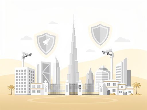 Moderne Dubai skyline met beveiligingselementen zoals bewakingscamera's en beschermende abstracte schilden.