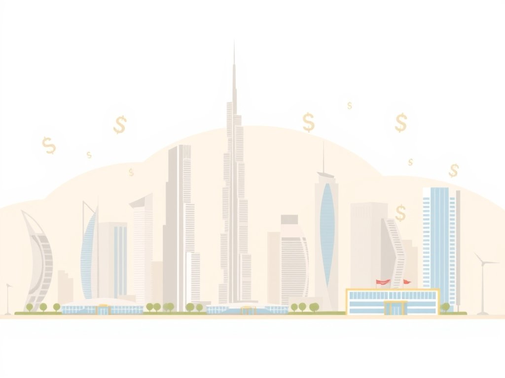 Minimalistische vectorillustratie van de Dubai skyline met moderne bankgebouwen in warme desert kleuren.