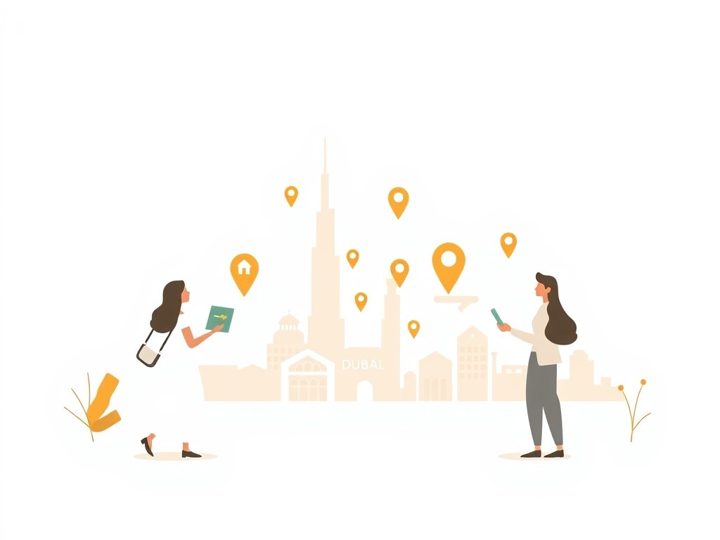 Minimalistische illustratie van huis zoeken in Dubai met abstracte karakters en stadskaart.