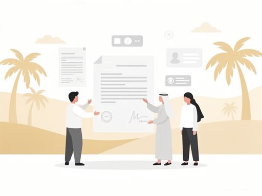 Minimalistische binnenruimte met abstracte genderneutrale figuren en contractdocumenten in een woestijnachtige Dubai setting.