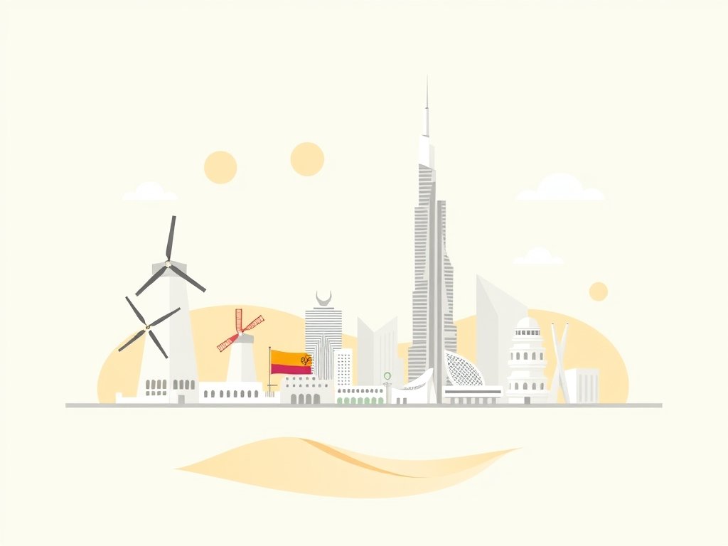 Vectorillustratie van een minimalistische stadsgezicht met Nederlandse windmolens en de Burj Khalifa in warme woestijntinten.