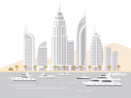 Dubai Marina skyline met moderne hoge gebouwen en jachten aan het water.