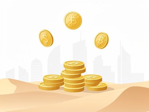 Abstracte munteenheid symbolen en gouden munten boven een woestijnlandschap met Dubai gebouwen.