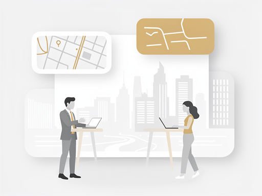 Abstracte minimalistische illustratie van een zakelijke omgeving in Business Bay met genderneutrale silhouetten en stedelijke elementen.