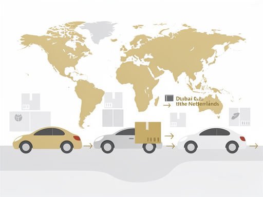 Minimalistische illustratie van gestileerde auto's en wereldkaart met verbindingslijn tussen Dubai en Nederland in zachte goud-beige tinten.