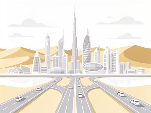 Moderne skyline van Dubai met wegen en abstracte auto’s in warm gouden kleuren.