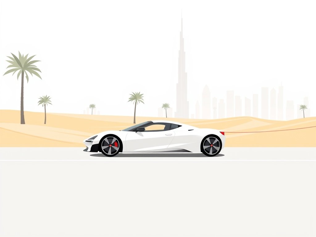 Minimalistische sportwagen rijdt op woestijnweg met Dubai’s skyline op de achtergrond.