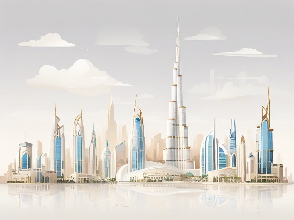 Minimalistische illustratie van de skyline van Dubai met abstracte gebouwen en gouden woestijntinten.