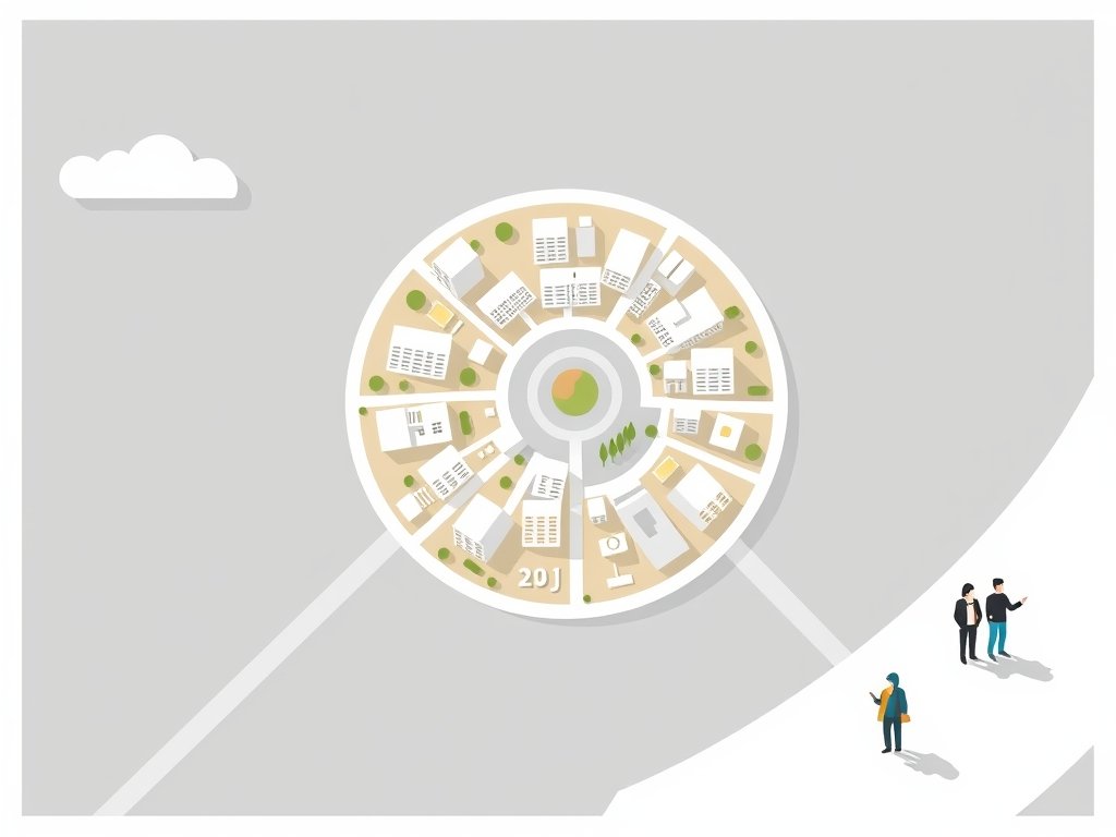 Stijlvolle kaartillustratie van Jumeirah Village Circle met huizenblokken en groene gebieden in zachte kleuren.