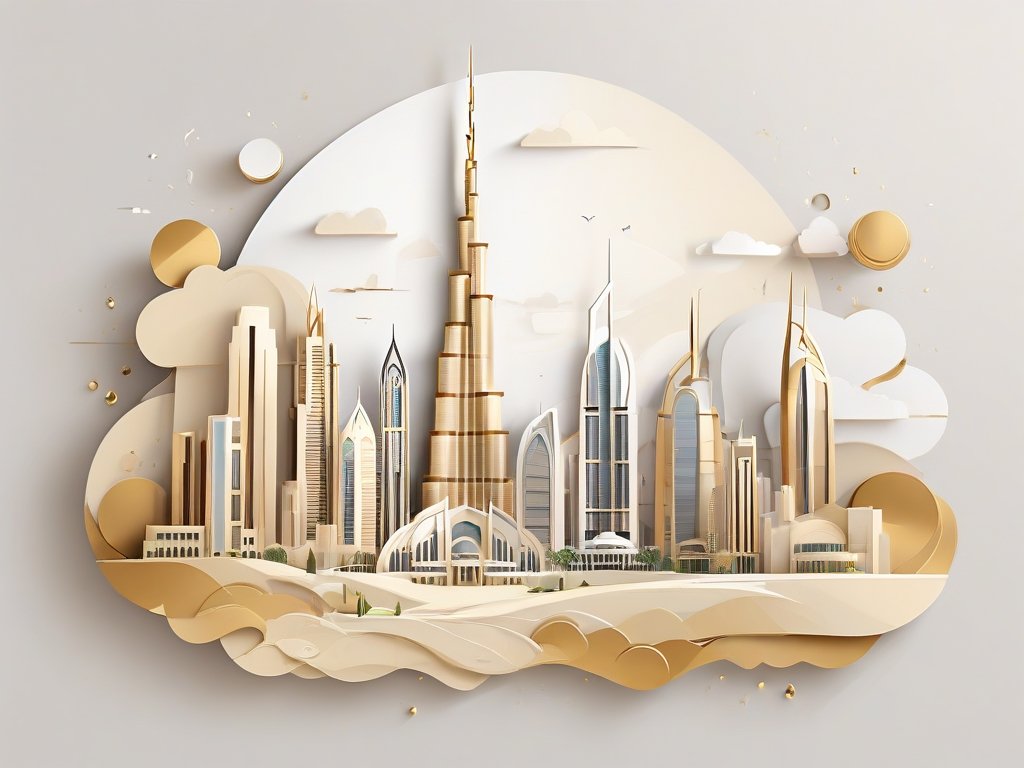 Moderne skyline van Dubai met abstracte spraakbellen en golven in warme woestijntinten.