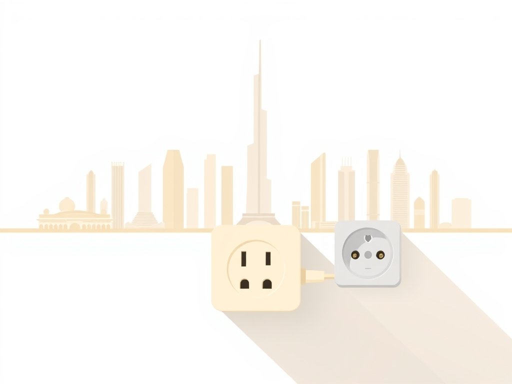 Minimalistische illustratie van een stekker en stopcontact voor een silhouet van de Dubai skyline in warme goud-beige tinten.
