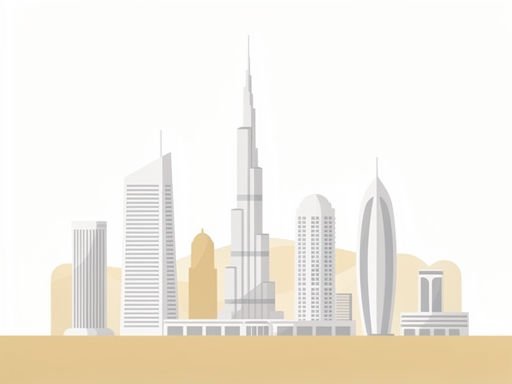 Minimalistische illustratie van Downtown Dubai skyline met Burj Khalifa en moderne wolkenkrabbers in zachte goud-beige en grijstinten.