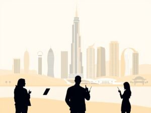Moderne Dubai skyline met luxe residentiële torens en abstracte silhouetten van mensen.