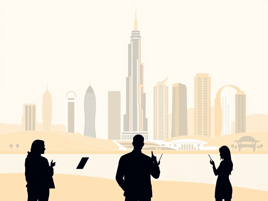 Moderne Dubai skyline met luxe residentiële torens en abstracte silhouetten van mensen.