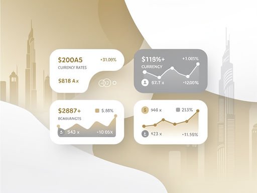 Minimalistische digitale interface en abstracte gebouwen van Dubai in warme goud-beige tinten.