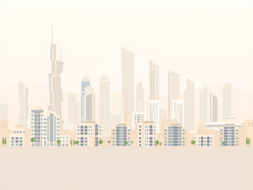 Abstracte vectorillustratie van stedelijke woonwijken in Dubai met moderne gebouwen.