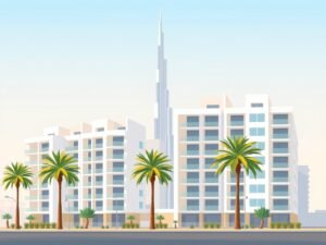 Moderne appartementen complex in Dubai met palm bomen en de Burj Khalifa op de achtergrond.