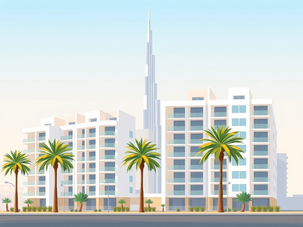 Moderne appartementen complex in Dubai met palm bomen en de Burj Khalifa op de achtergrond.
