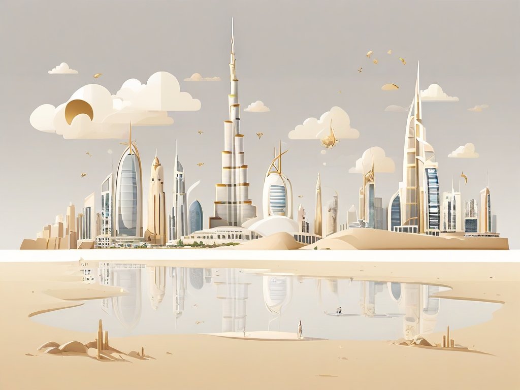Moderne Dubai skyline met abstracte communicatie-elementen in warme woestijntinten.