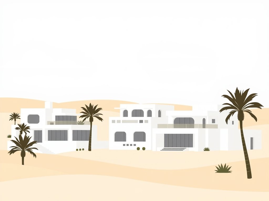 Luxe villa's in een woestijnomgeving met zachte vormen en een warme goud-beige kleur.