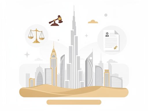 Dubai skyline met abstracte juridische symbolen in een minimalistische, flat-style vector illustratie.
