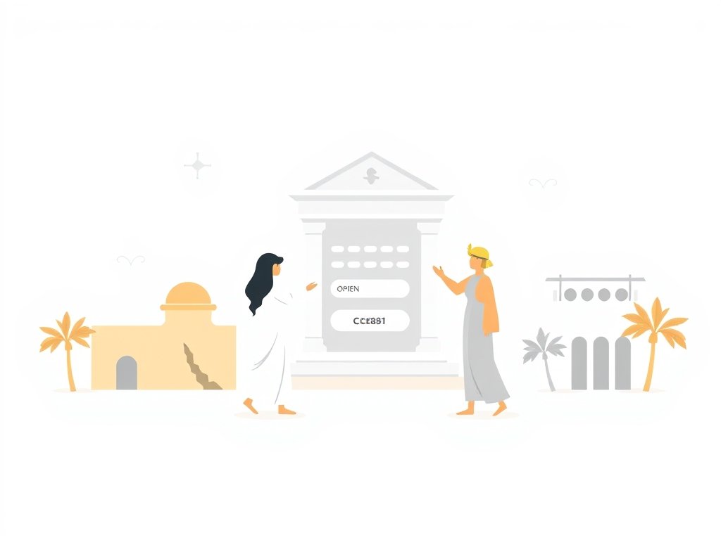 Moderne vectorillustratie met digitale bankelementen en woestijnkleuren die bankrekening openen in Dubai symboliseren.