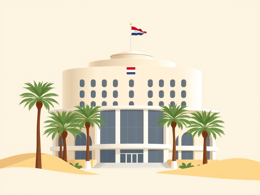 Moderne illustratie van de Nederlandse ambassade in Dubai met abstracte palmbomen en woestijnkleuren.