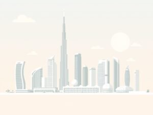 Modern Dubai skyline met iconische gebouwen en abstracte financiële elementen in warme woestijntinten.