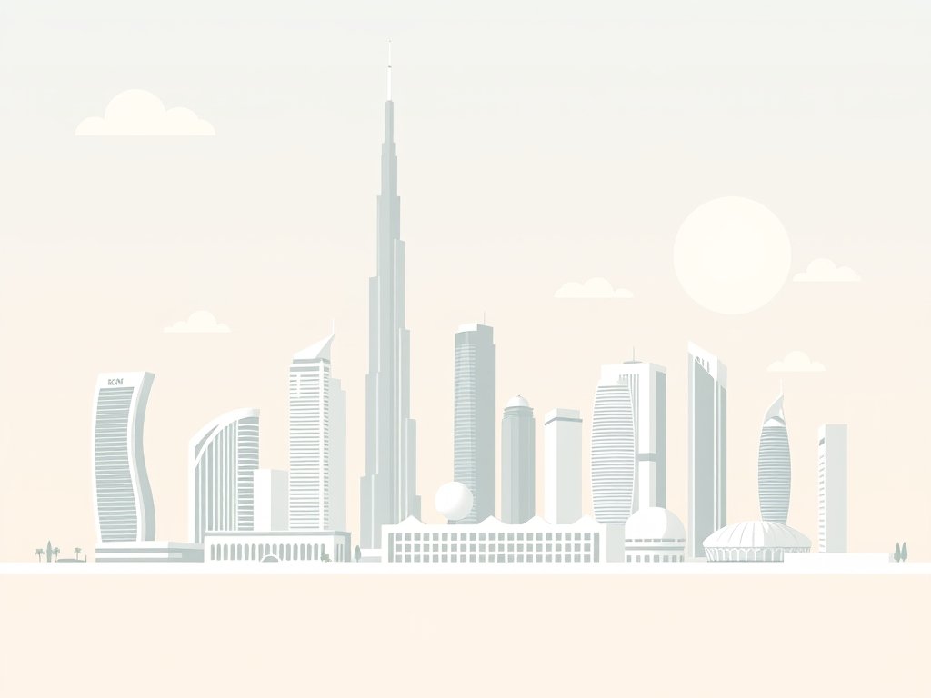 Modern Dubai skyline met iconische gebouwen en abstracte financiële elementen in warme woestijntinten.