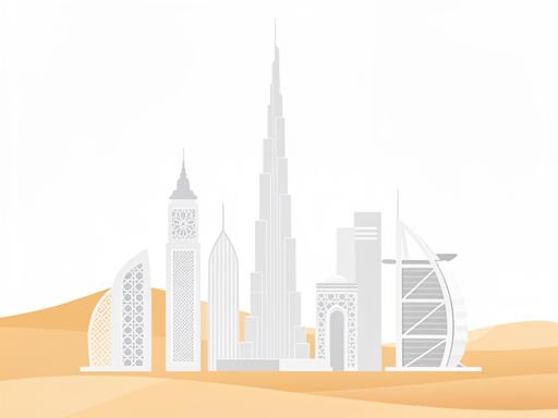 Minimalistische Dubai skyline met iconische gebouwen en geïntegreerde traditionele patronen in warme woestijntinten.