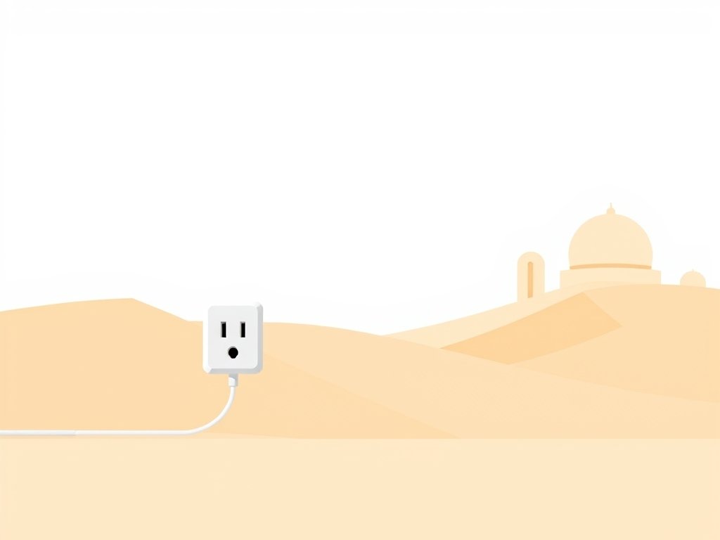 Abstracte illustratie van een stekker en stopcontact met woestijnachtige zandduinen en architectuur in zachte goud-beige tinten.