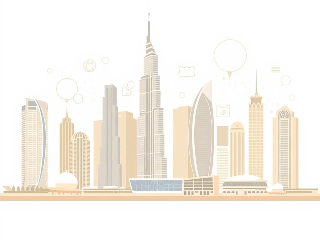 Moderne Dubai skyline met iconische wolkenkrabbers en abstracte digitale elementen in warme goud-beige tinten.