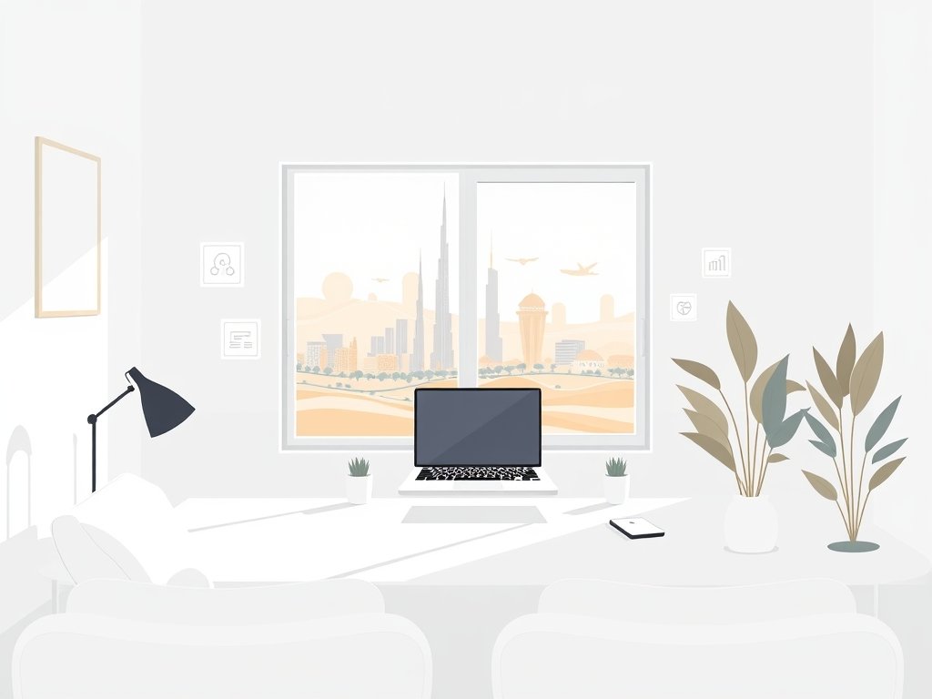 Minimalistisch thuiskantoor met laptop en abstracte digitale elementen, uitzicht op woestijnstad.