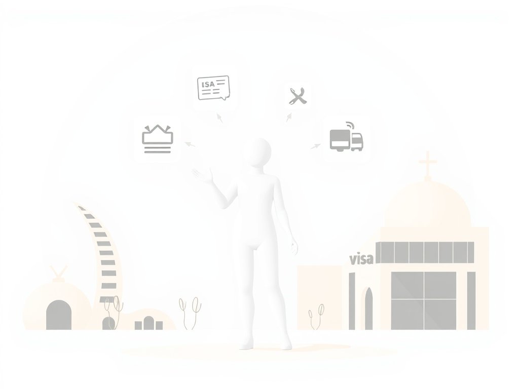 Abstracte genderneutrale figuur met digitale elementen en woestijnachtige architectuur in minimalistische stijl.