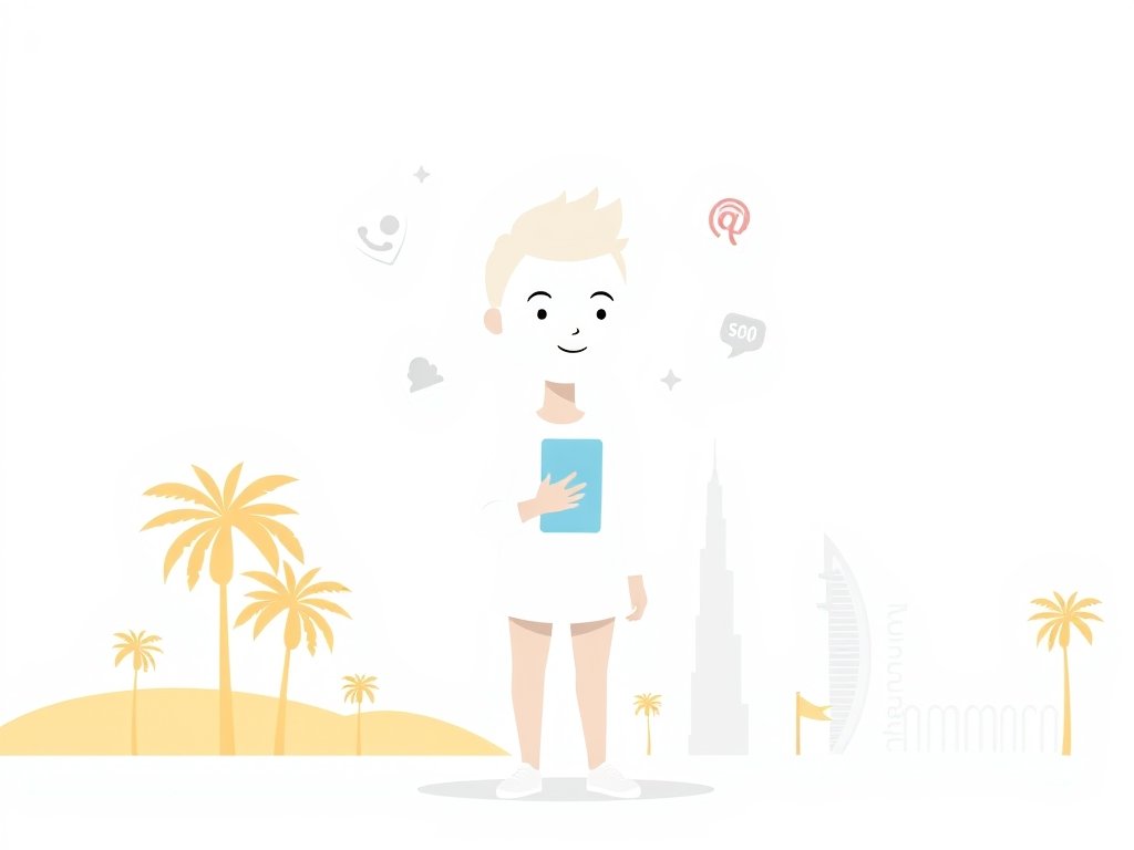 Abstract genderneutraal figuur met smartphone en call-icoontjes in een minimalistische Dubai-context.