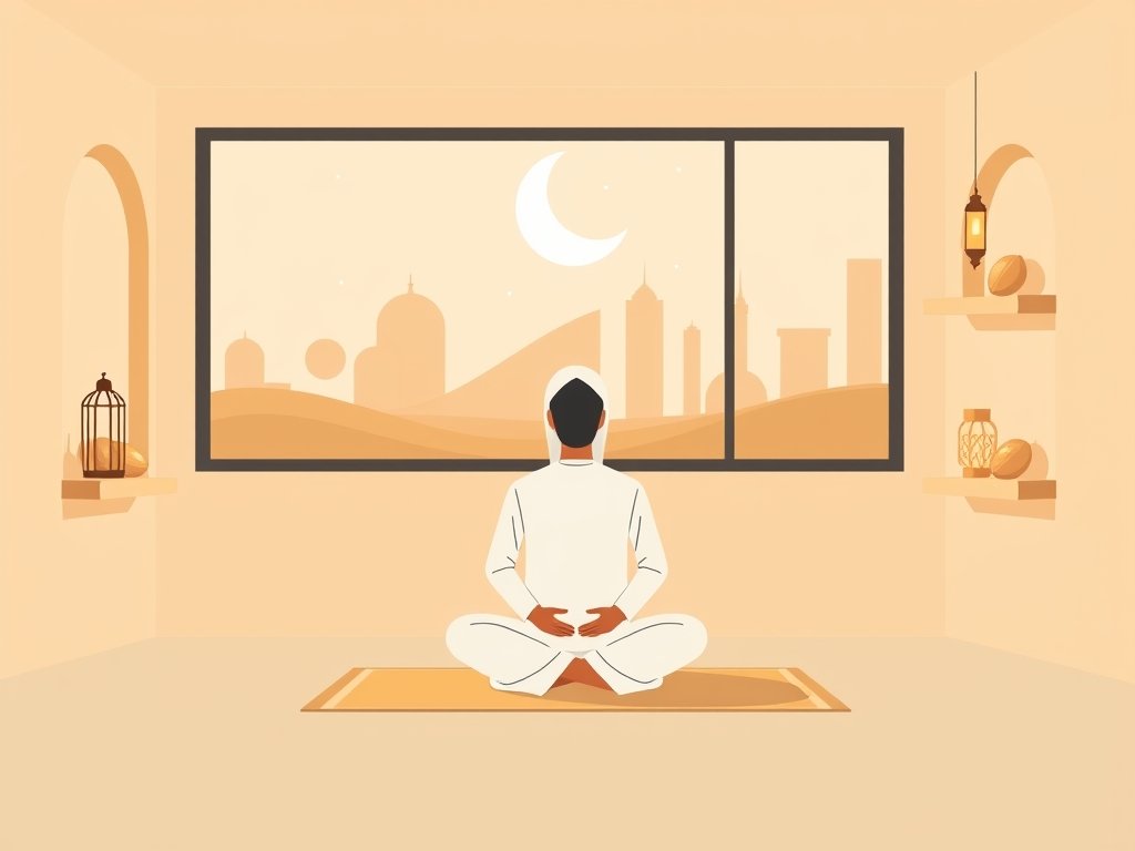 Minimalistische illustratie van een genderneutraal figuur in een interieur met Ramadan-symbolen in warme woestijntinten.