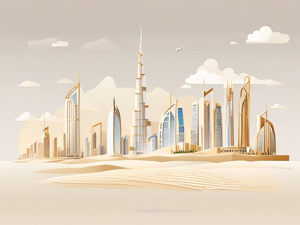 Gestileerde skyline van Dubai met woestijnduinen en abstracte kaart elementen in warme kleuren.