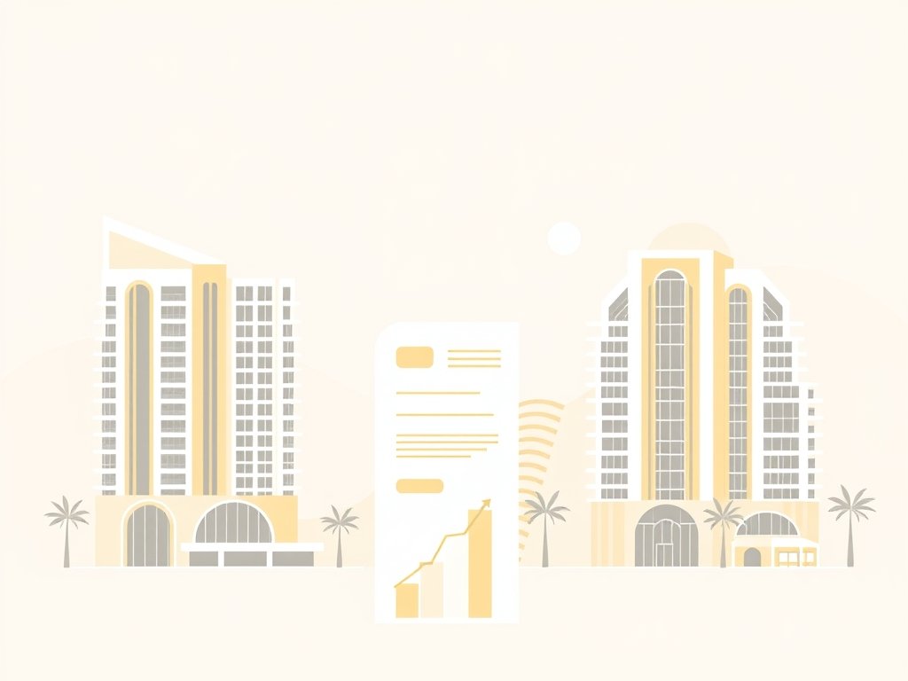 Abstracte luxe woningen in Dubai met minimalistische financiële symbolen in zachte beige tint.