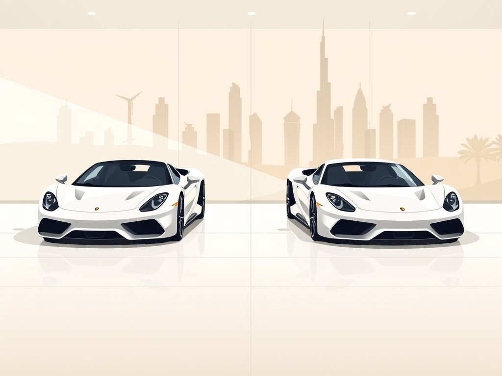 Moderne sportwagens in een minimalistische showroom met Dubai skyline op de achtergrond in warme woestijnkleuren.