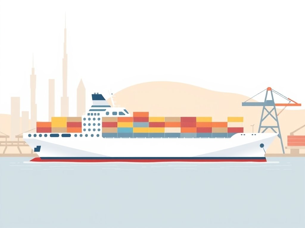 Minimalistische illustratie van een vrachtschip en haven met abstracte Dubai en Nederlandse skyline in zachte goud-beige tinten.