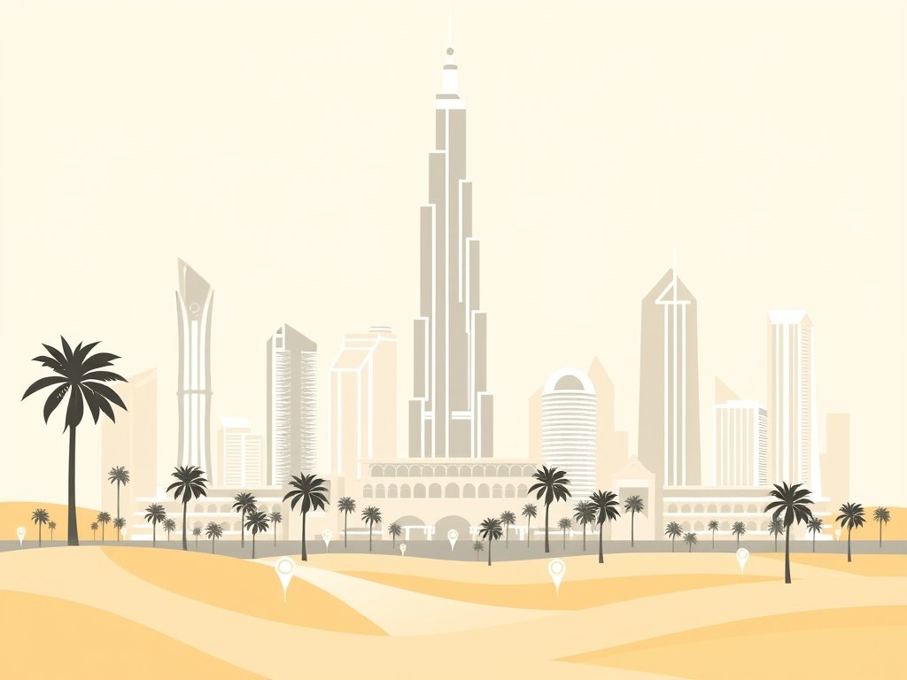 Moderne skyline van Dubai met woestijnachtige elementen en abstracte woonlocatie symbolen.